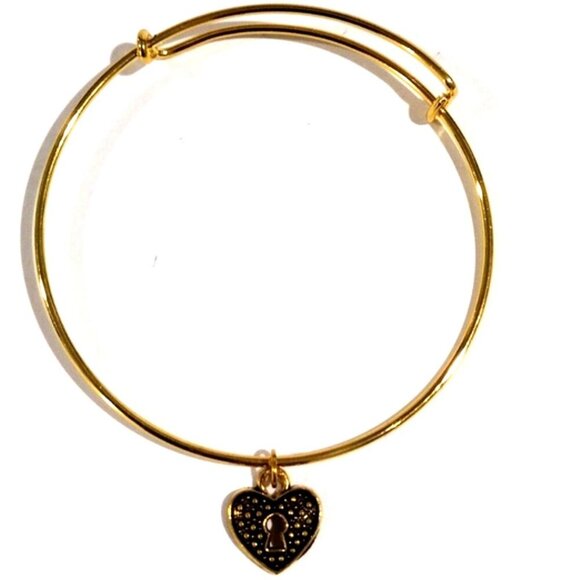 Gold Tone Expandable Bangle Bracelet with Heart Lock Charm – Elegant & Stylish - Picture 1 of 7